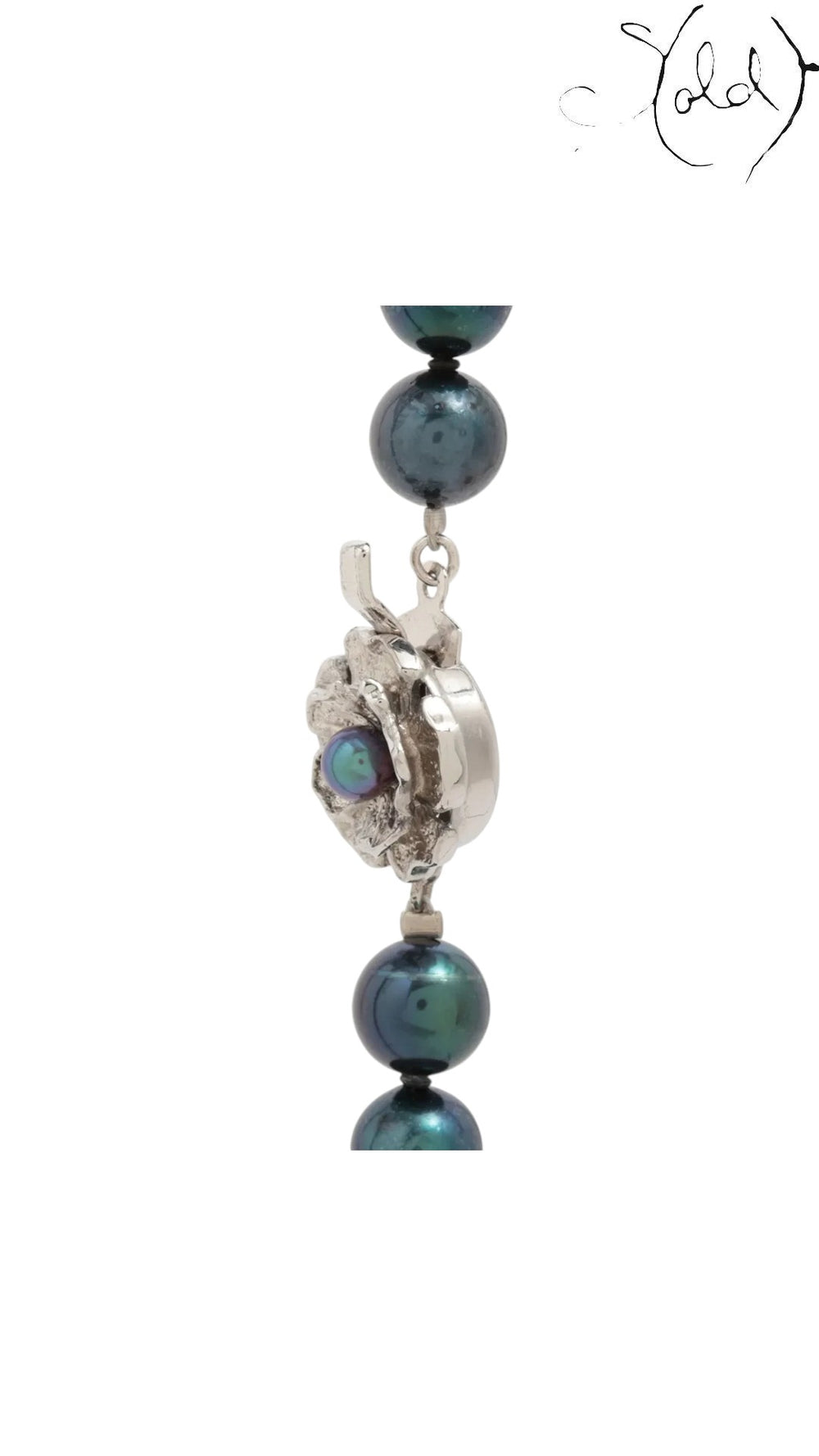 Sold Attire dark green-blue Akoya pearl necklace featuring a detailed silver floral clasp with a central pearl accent.