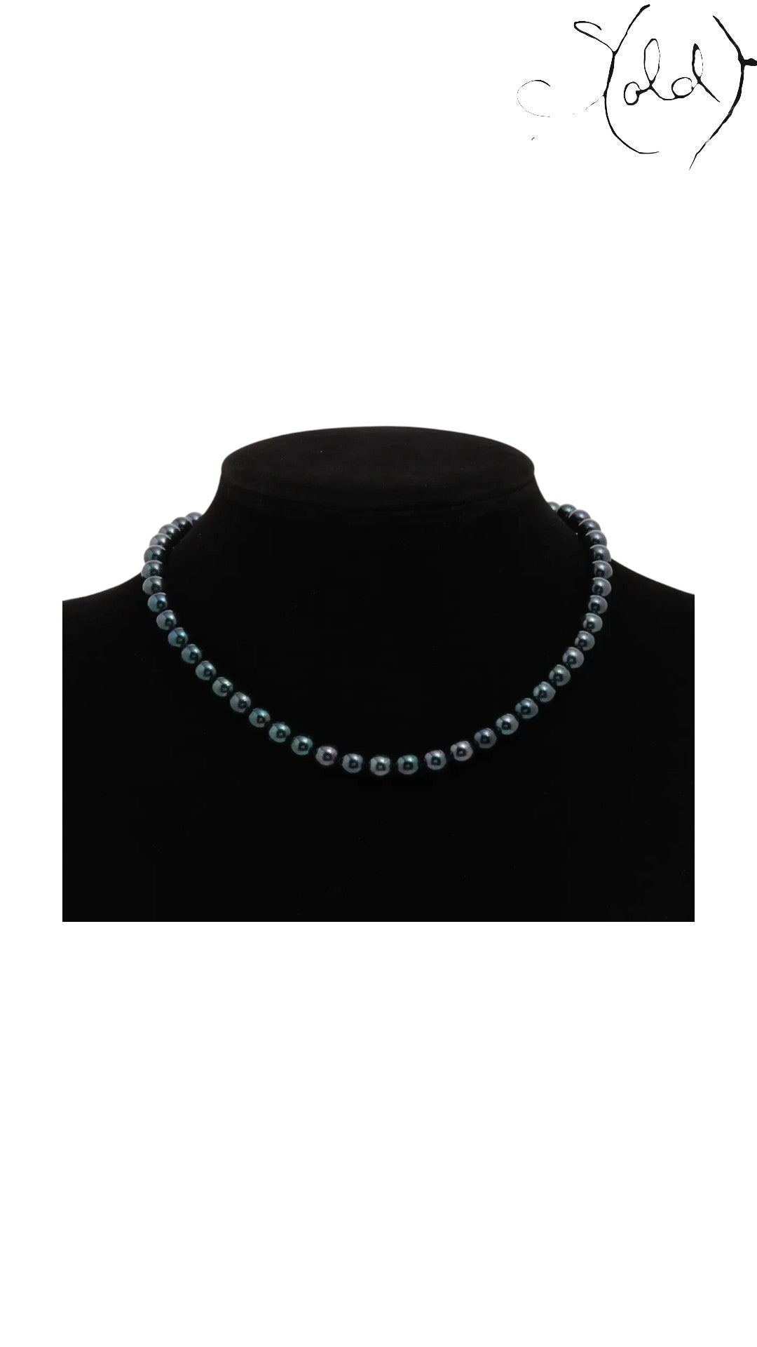 Sold Attire dark green-blue Akoya pearl necklace on a black display bust
