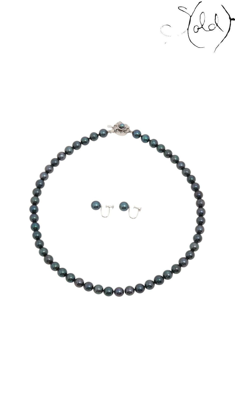 Sold Attire dark green-blue Akoya pearl necklace and matching earrings with K14 white gold hardware on white background