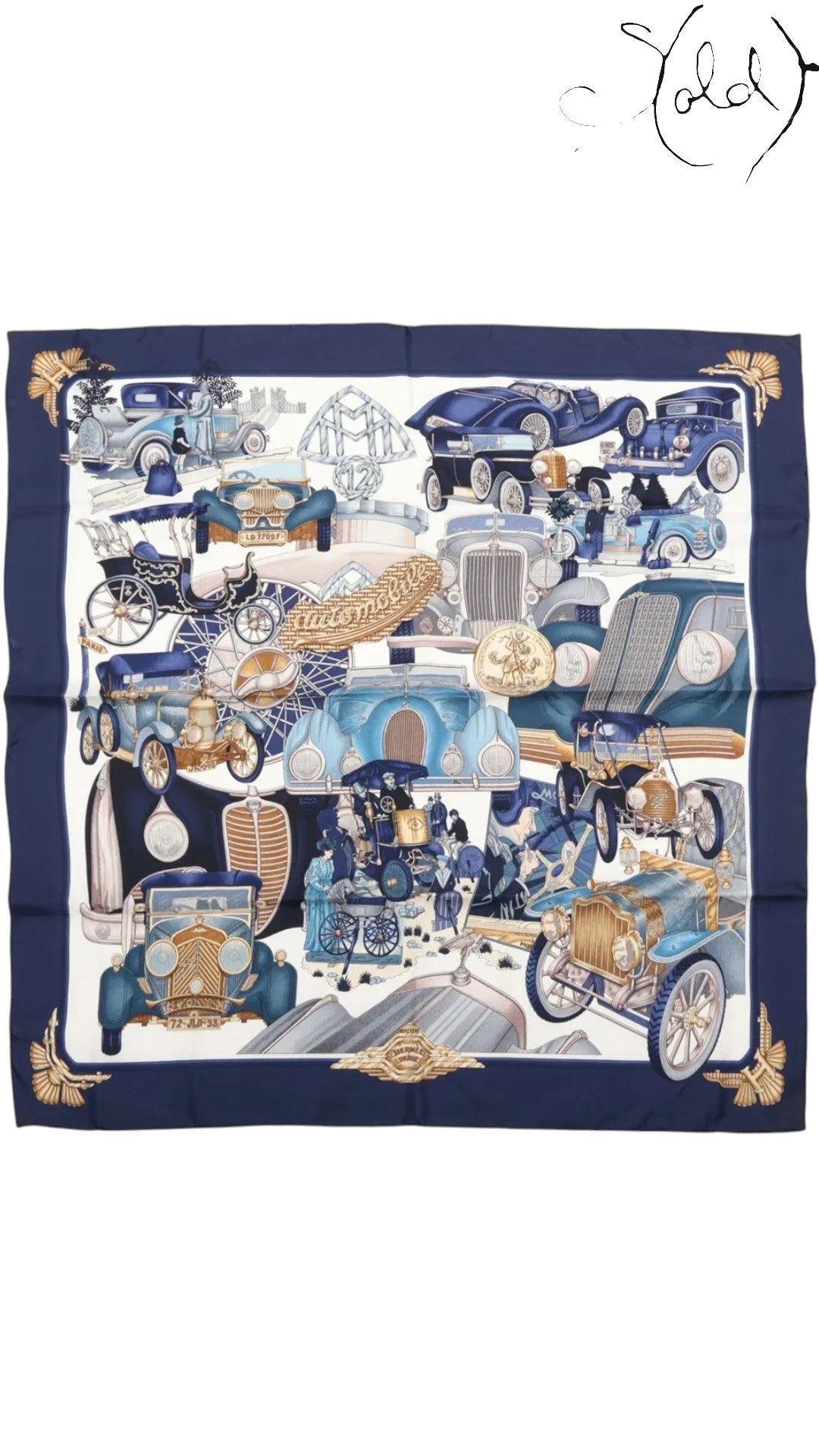 Sold Attire vintage Hermes Carre 90 Automobiles silk scarf in navy blue with classic car print and hand-rolled edges.
