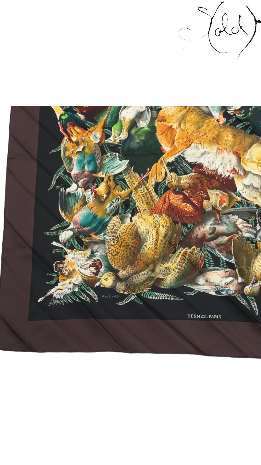 Sold Attire pre-owned Hermes Carre 90 Gibiers silk scarf in black and brown with detailed animal and game print