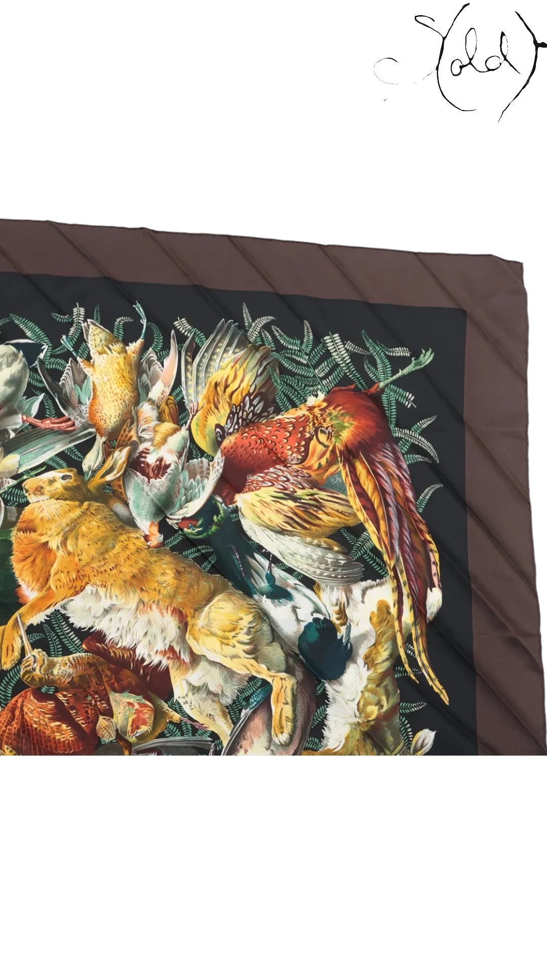 Sold Attire Hermes Carre 90 Gibiers silk scarf in black and brown with detailed animal and game hunting print.