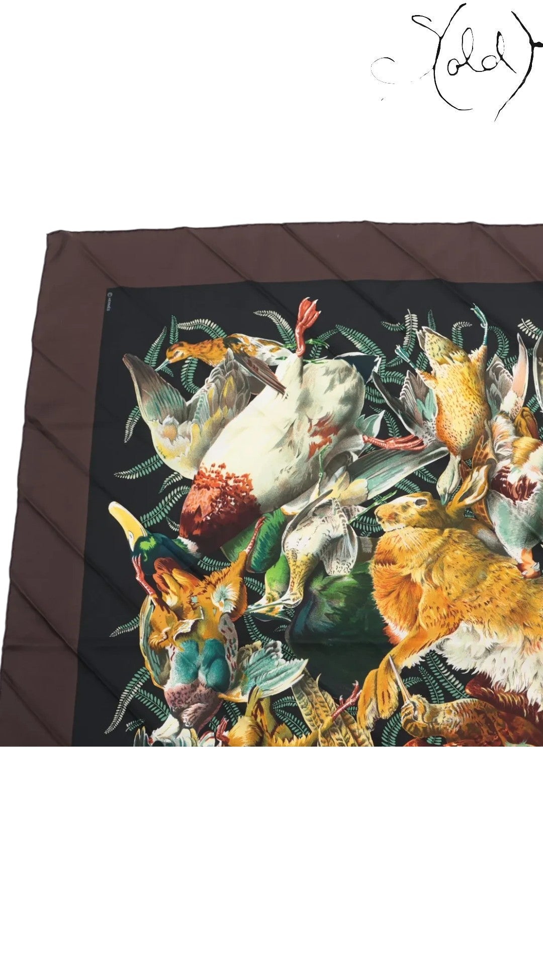 Sold Attire pre-owned Hermes Carre 90 Gibiers silk scarf featuring a detailed black and brown animal hunting print.