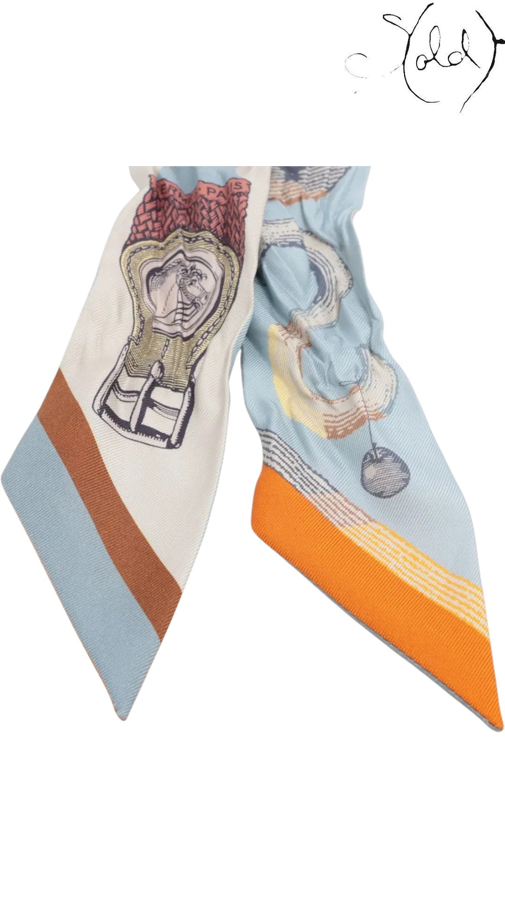 Sold Attire pre-owned Hermes light blue silk Twilly ribbon scarf with multicolor printed equestrian and geometric motifs