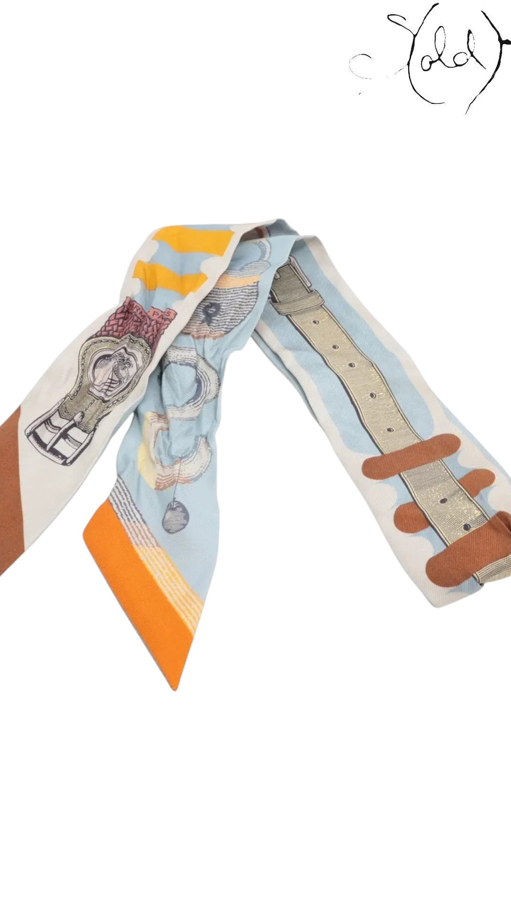 Sold Attire pre-owned Hermes Twilly silk ribbon scarf in light blue with orange and multicolor belt print design.