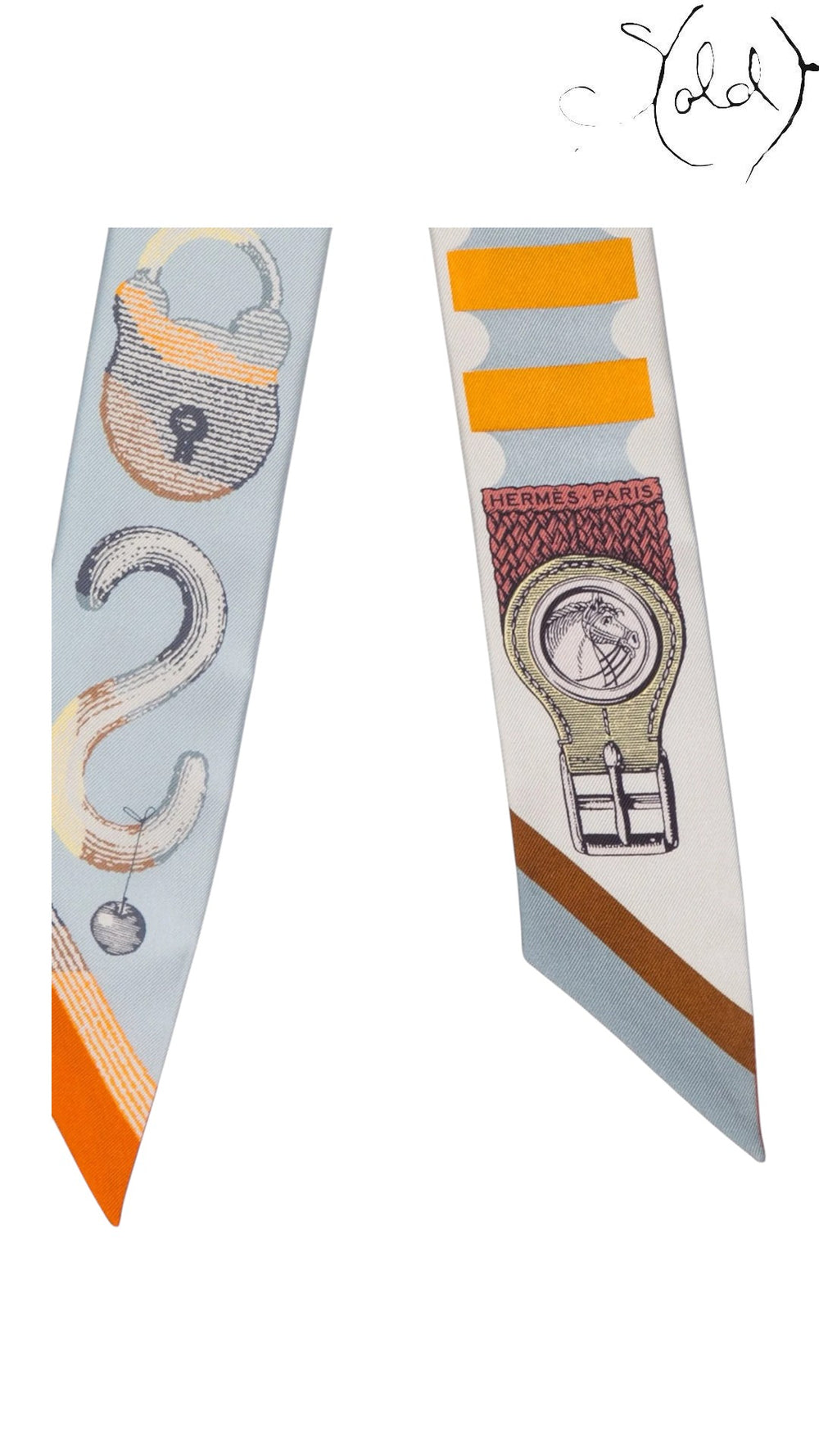 Sold Attire pre-owned Hermes Twilly silk ribbon scarf in light blue with orange and multicolor equestrian print