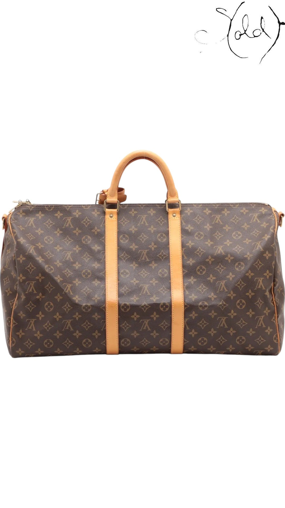 Sold Attire Louis Vuitton Keepall Bandoulière 55 in brown Monogram coated canvas with natural cowhide leather trim.