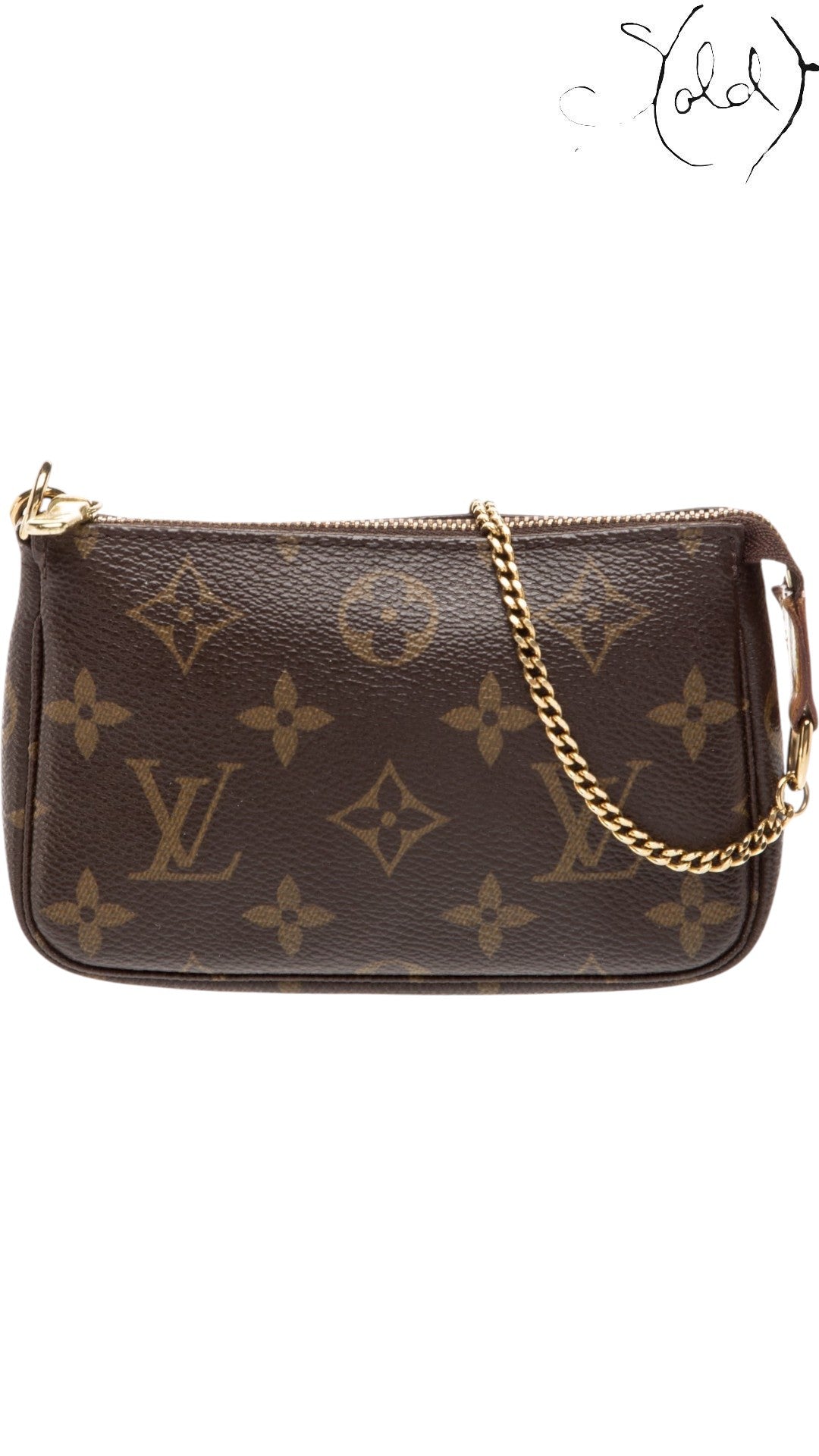 Sold Attire Louis Vuitton Monogram Mini Pochette Accessoires in brown coated canvas with brass chain handle