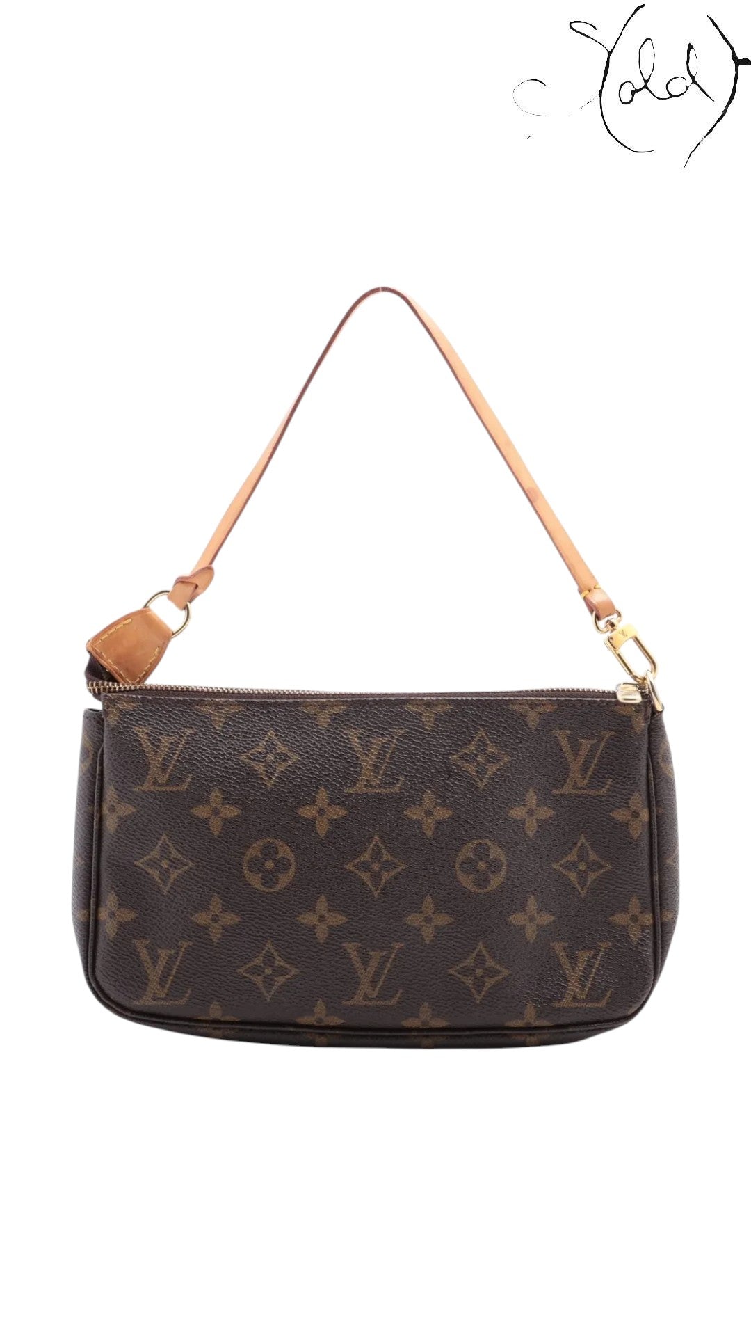 Sold Attire pre-owned Louis Vuitton Monogram Pochette Accessoires in brown coated canvas with a natural leather strap.