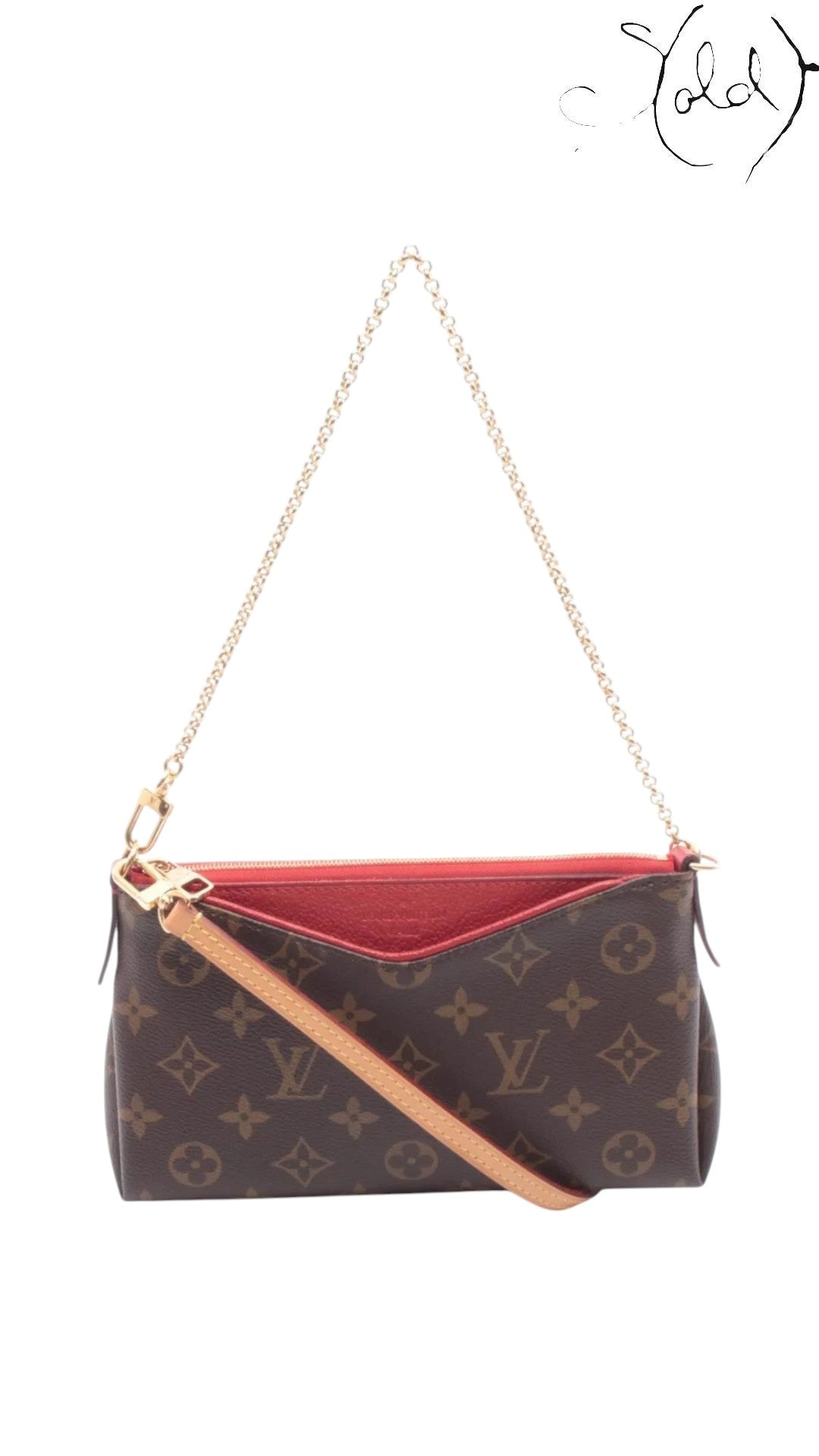Sold Attire Louis Vuitton Pallas Clutch in brown Monogram canvas with red leather trim and gold-tone chain strap.