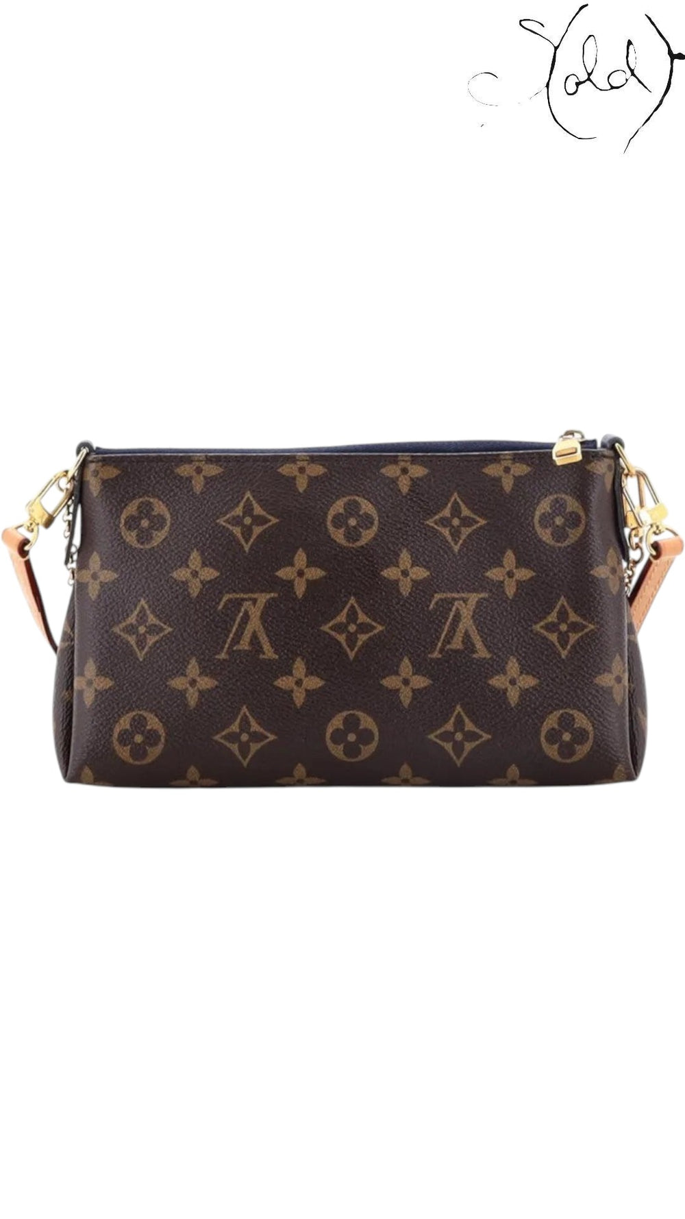 Sold Attire Louis Vuitton Monogram Pallas Clutch in brown coated canvas with Blue Marine leather trim and gold chain.
