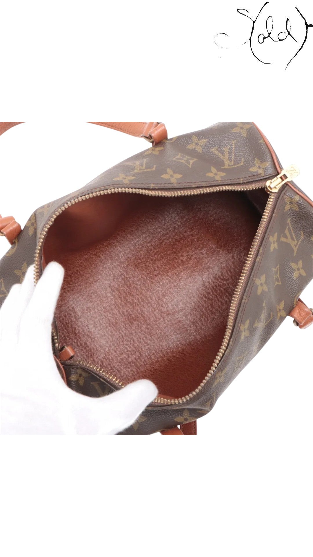 Sold Attire brown Louis Vuitton Monogram Papillon 30 bag with leather trim and brass hardware, open top showing interior.