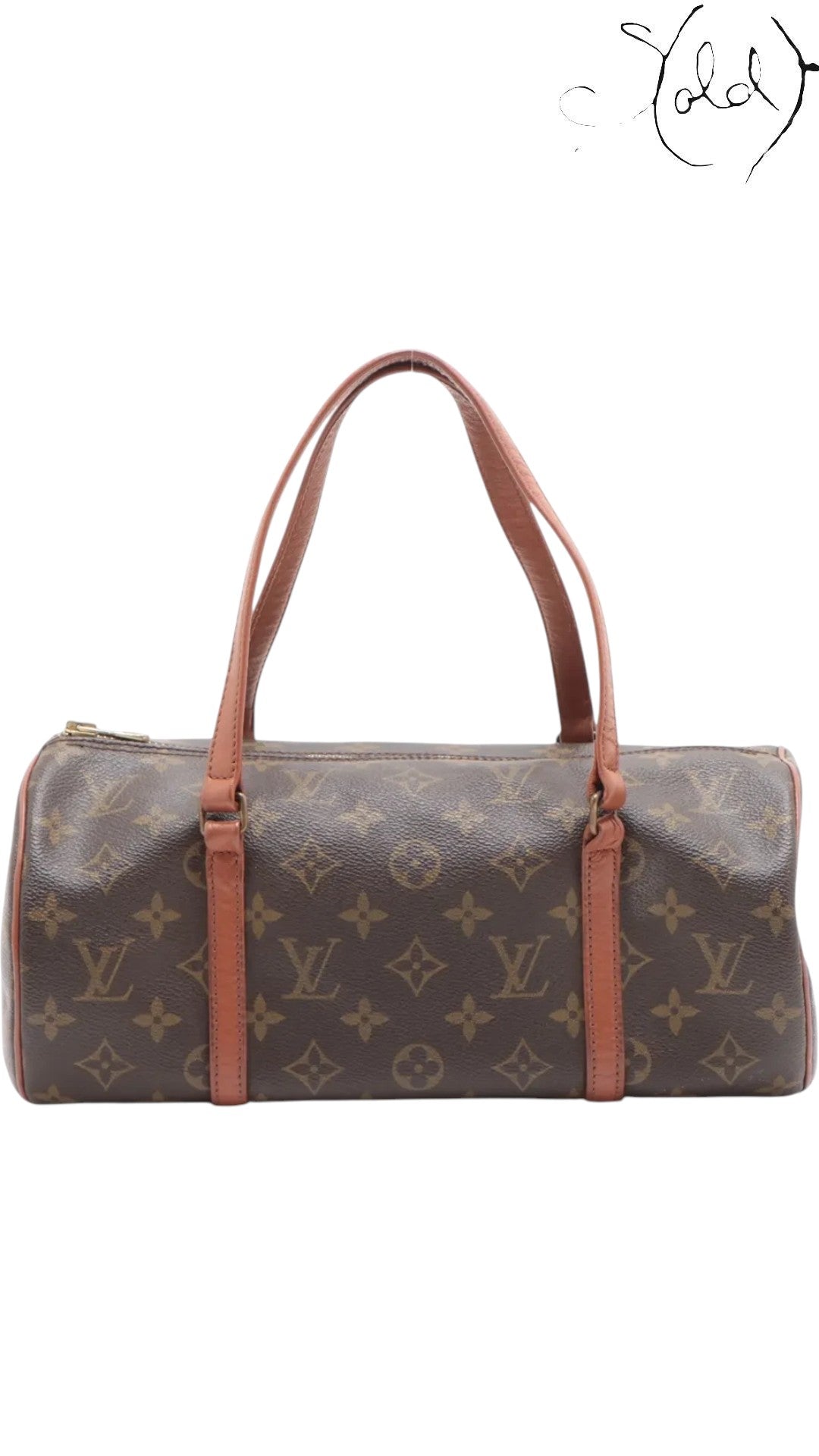 Sold Attire brown Louis Vuitton Monogram Papillon 30 cylindrical handbag with tan leather trim and handles, includes companion pouch.