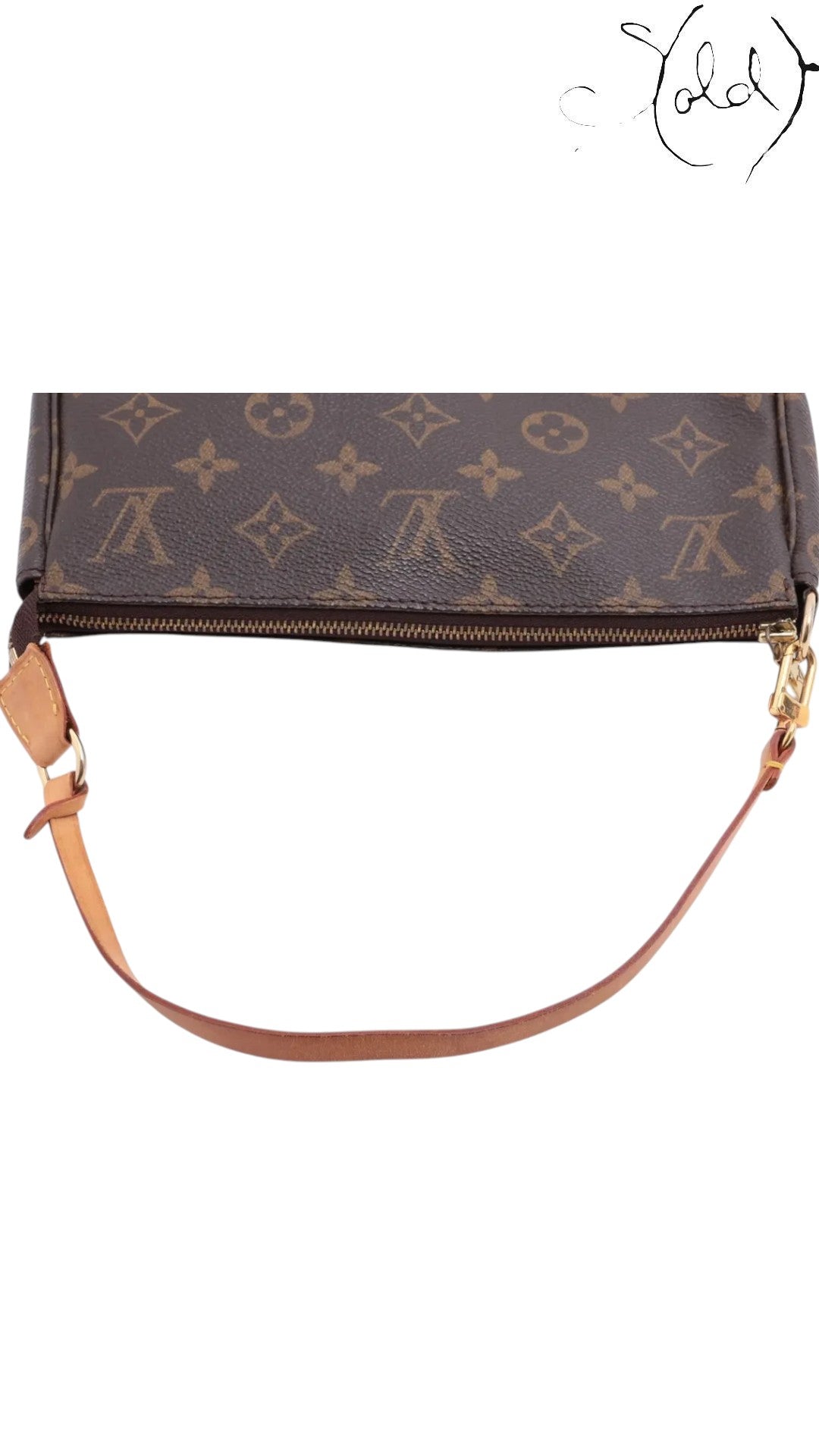 Sold Attire pre-owned Louis Vuitton Monogram Pochette Accessoires M51980 with natural leather strap and gold hardware.