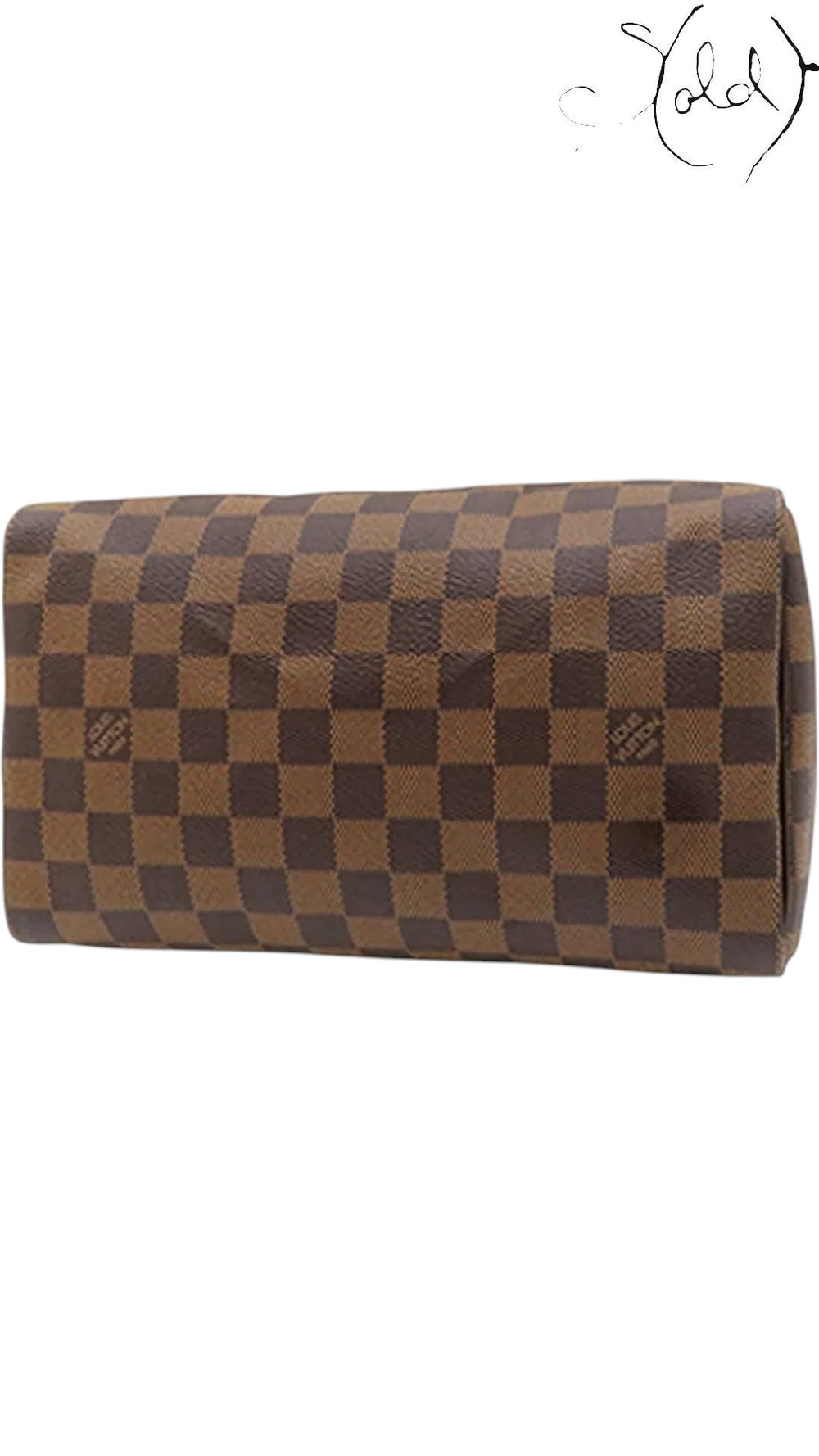 Sold Attire Louis Vuitton Speedy 25 handbag in brown Damier Ebene coated canvas with a classic checkerboard pattern.