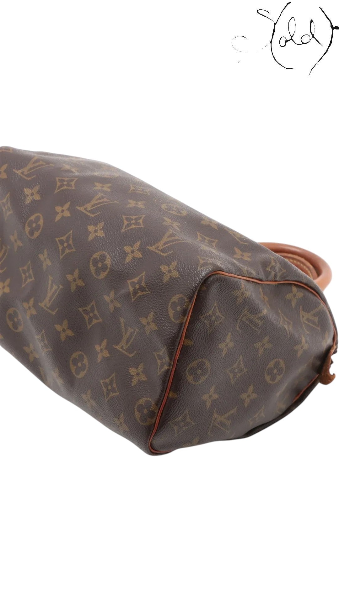 Sold Attire Louis Vuitton Monogram Speedy 25 brown coated canvas bag with vachetta leather trim and brass hardware.