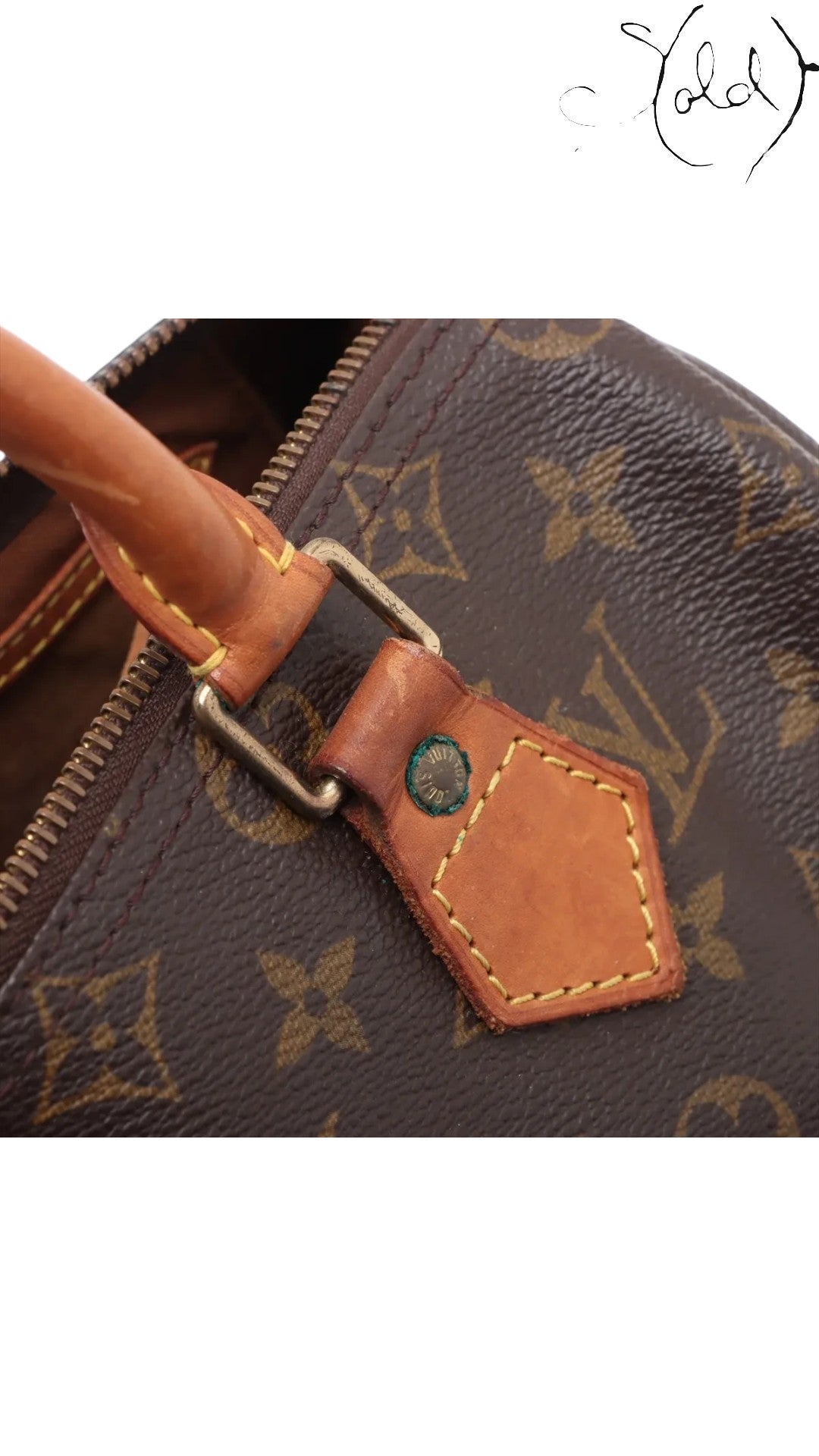 Sold Attire brown Louis Vuitton Monogram Speedy 25 coated canvas bag with vachetta leather trim and brass hardware.