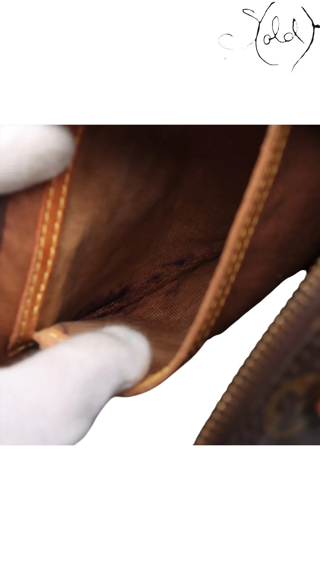 Sold Attire brown Louis Vuitton Monogram Speedy 25 interior pocket detail with vachetta leather trim and brass zipper.