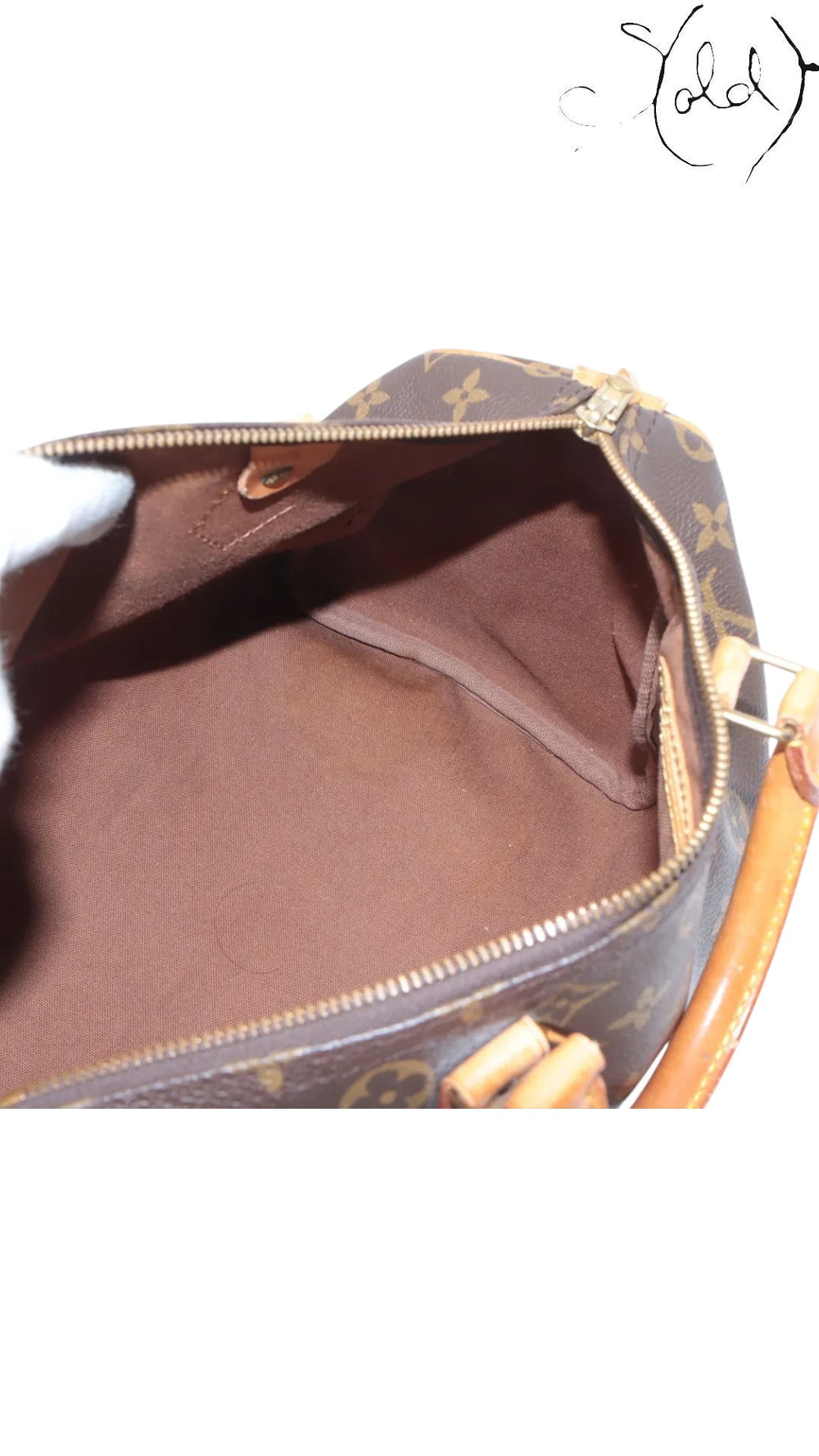 Sold Attire vintage Louis Vuitton Speedy 30 interior view showing clean brown textile lining and monogram canvas