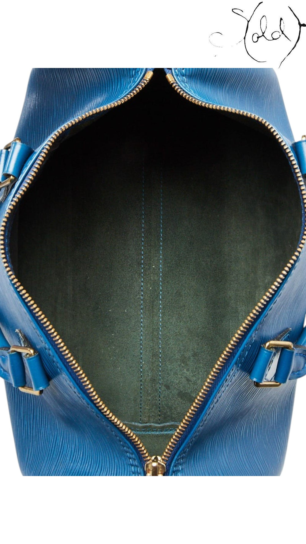 Sold Attire vintage Louis Vuitton Speedy 30 bag interior showing blue Epi leather lining and gold-tone zipper hardware