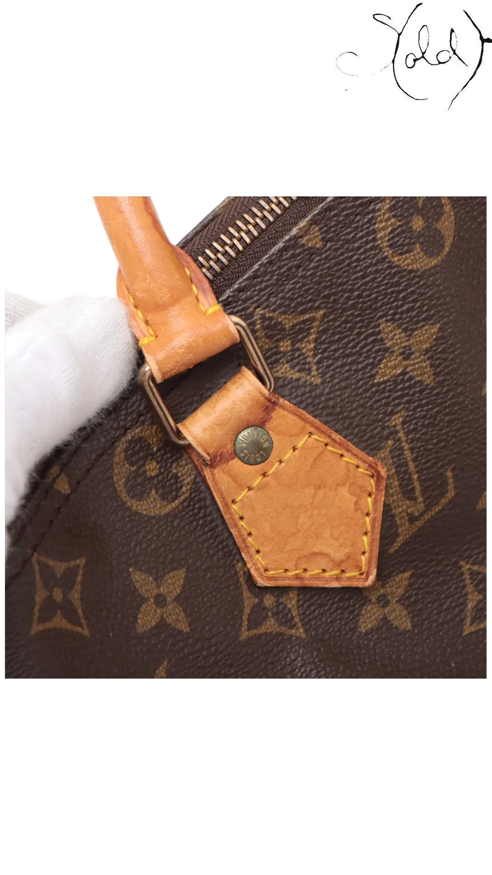 Sold Attire Louis Vuitton Speedy 30 monogram canvas bag detail showing vachetta leather trim and gold-tone hardware.
