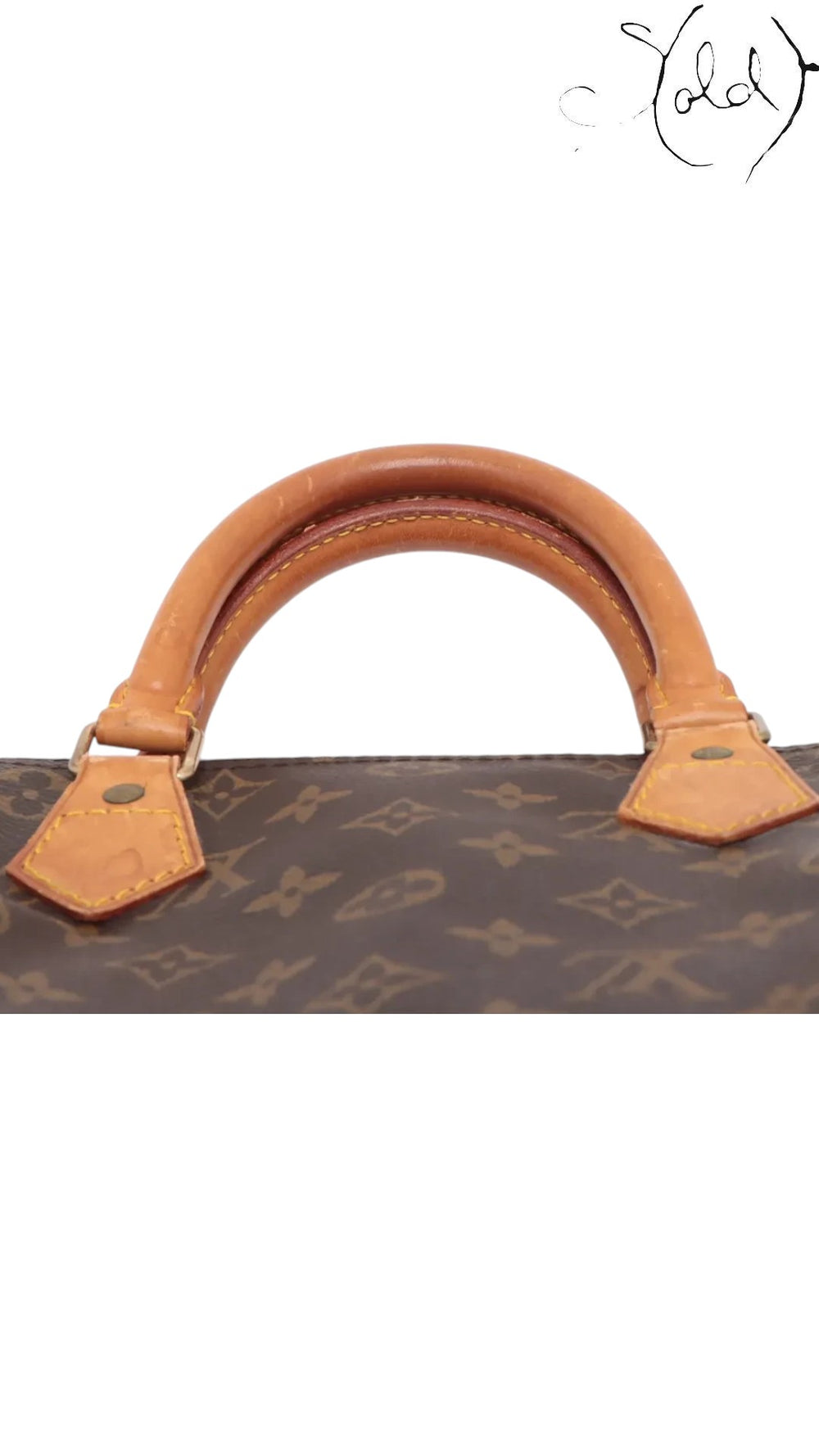 Sold Attire vintage Louis Vuitton Speedy 30 handle with natural honey-to-caramel patina on vachetta leather trim
