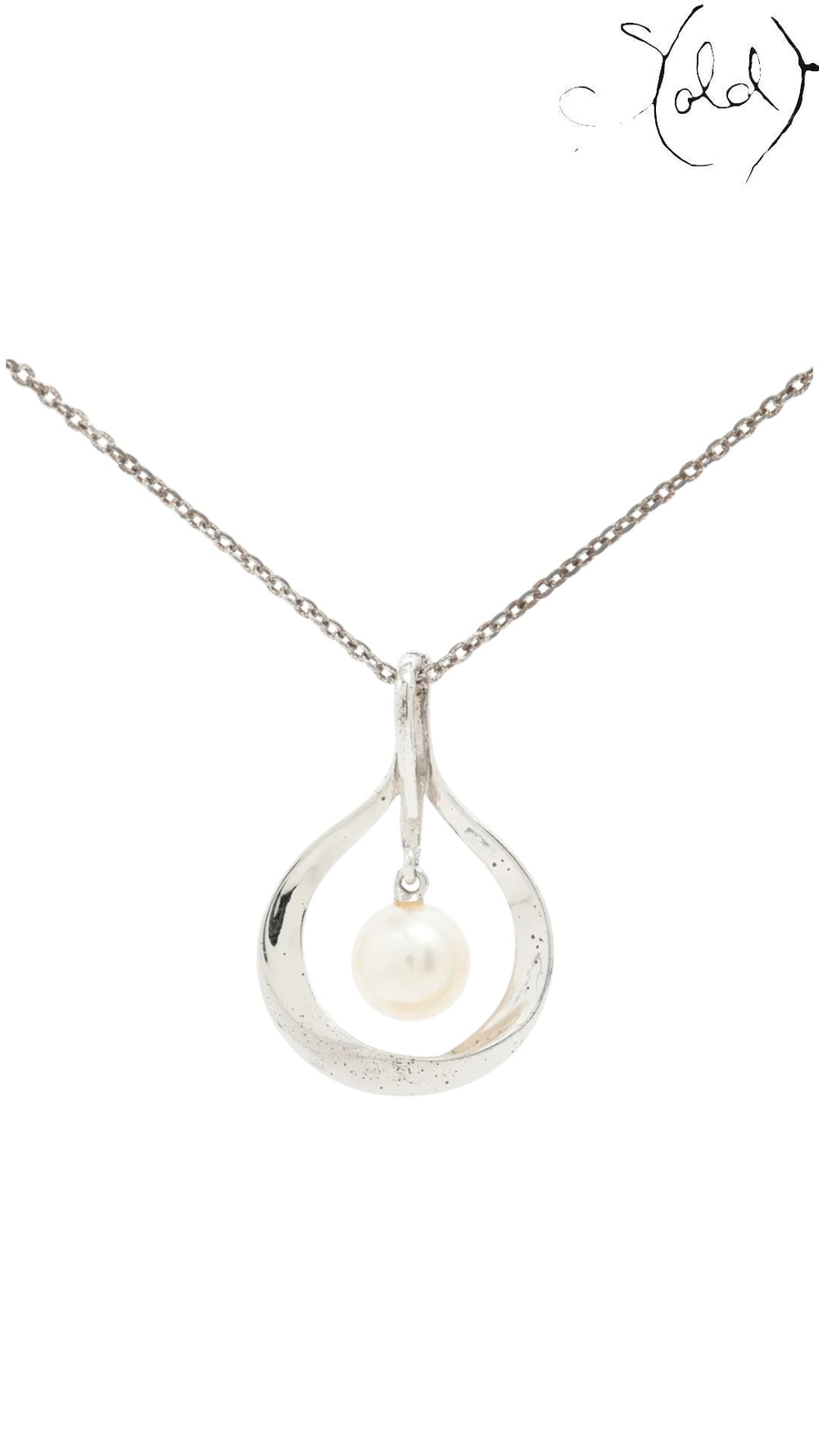 Sold Attire vintage Mikimoto sterling silver pendant necklace featuring a cream cultured pearl in a teardrop frame.