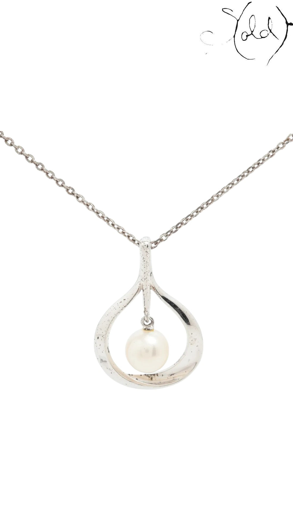 Sold Attire Mikimoto sterling silver pendant necklace featuring a single cream cultured pearl in a teardrop frame