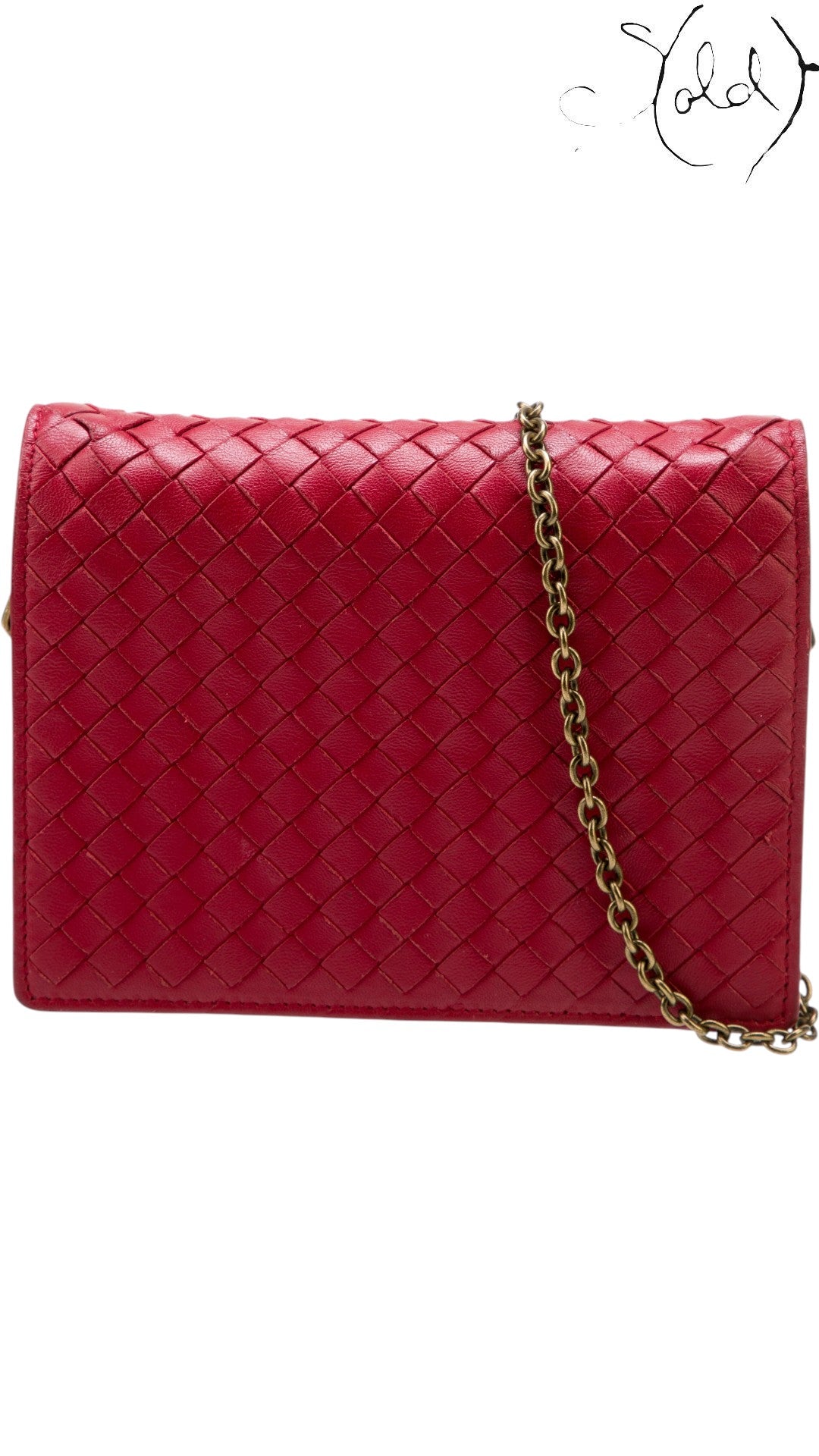 Sold Attire red Bottega Veneta Intrecciato leather wallet on chain with antiqued gold-tone shoulder strap.