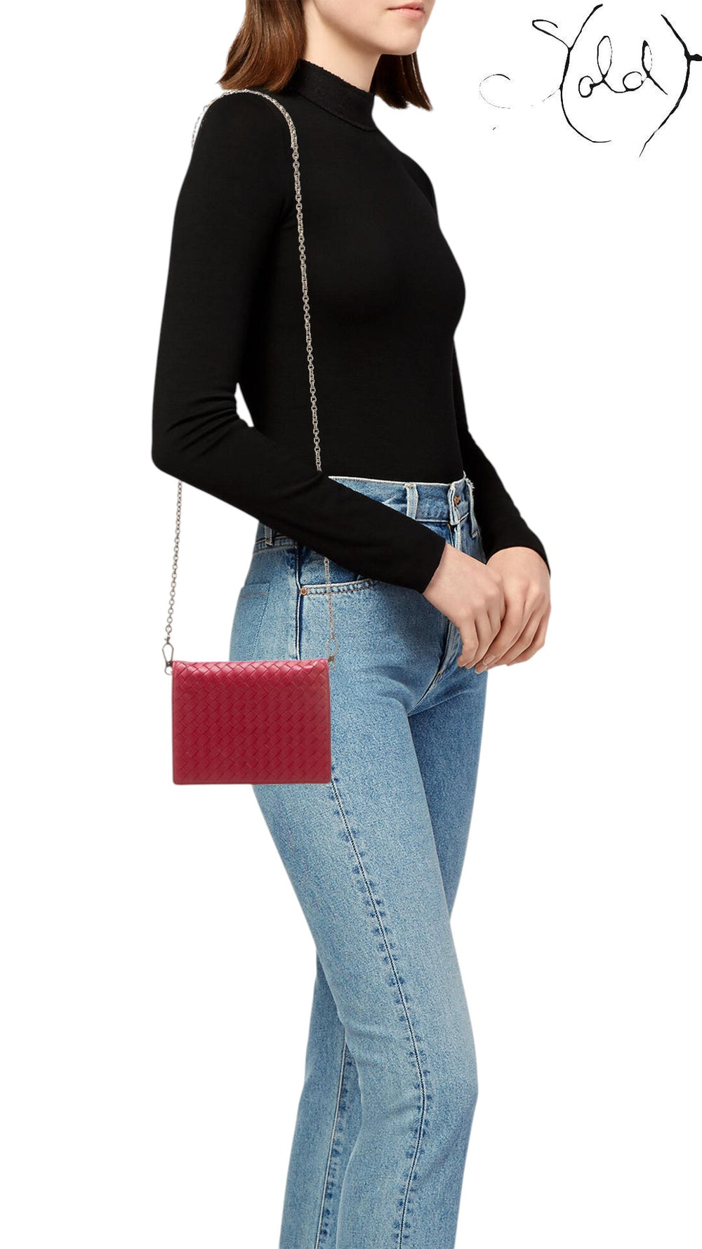 Sold Attire model wearing a red Bottega Veneta Intrecciato leather wallet on chain with gold-tone strap