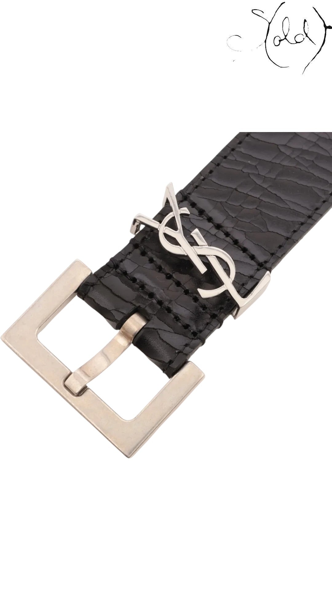 Sold Attire black leather Saint Laurent Cassandre belt with silver-tone square buckle and YSL logo.