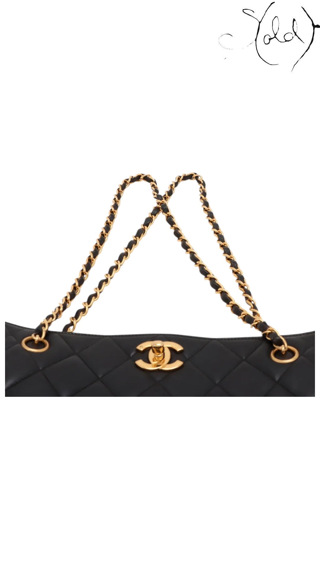 Sold Attire black quilted lambskin Chanel CC Turn-Lock chain tote with gold hardware and chain straps.