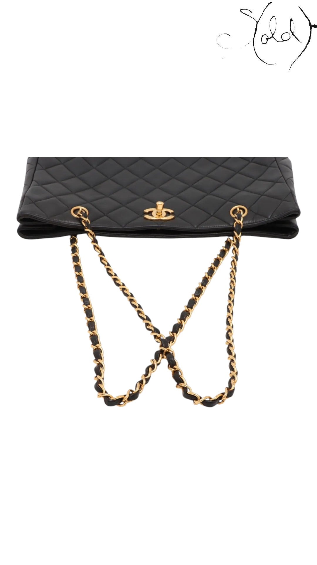 Sold Attire black quilted lambskin Chanel CC Turn-Lock chain tote with gold hardware.