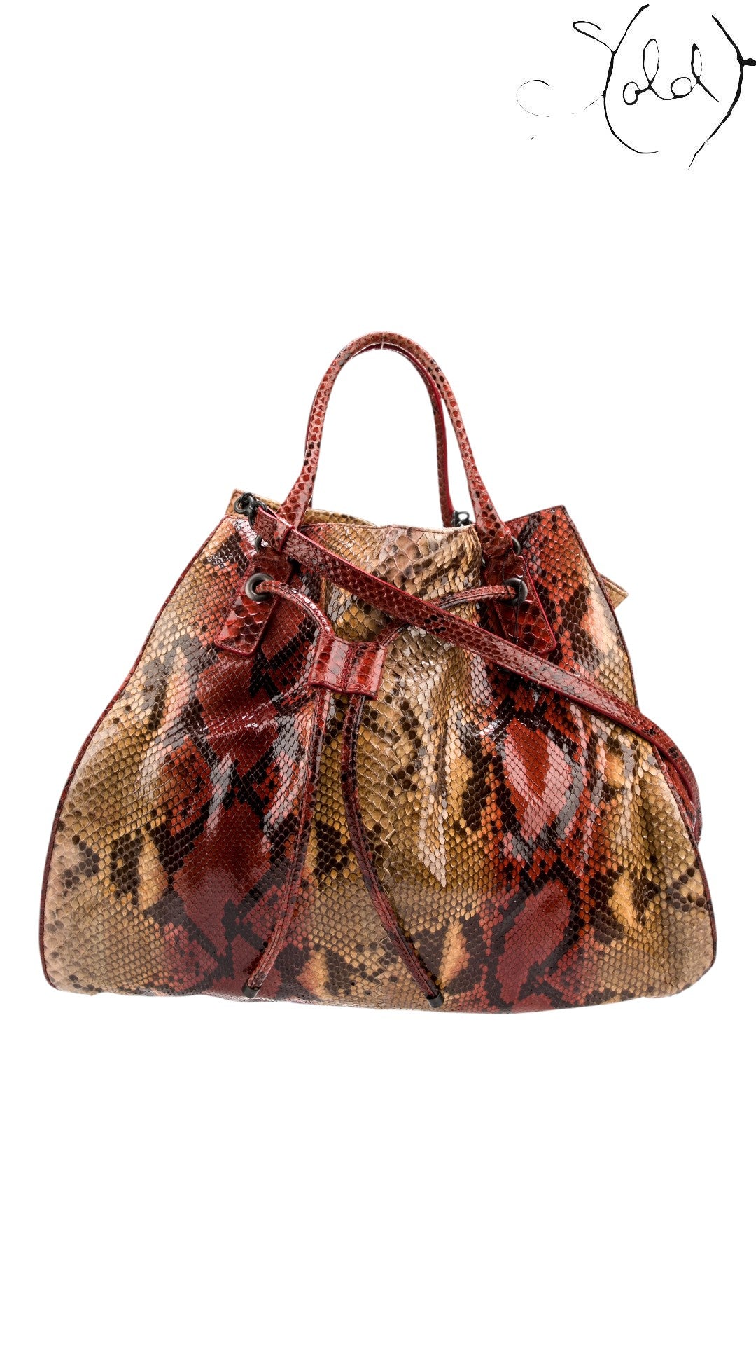 Sold Attire Limited Edition 2007 Bottega Veneta multi-tone red python drawstring tote with gunmetal hardware and leather trim.