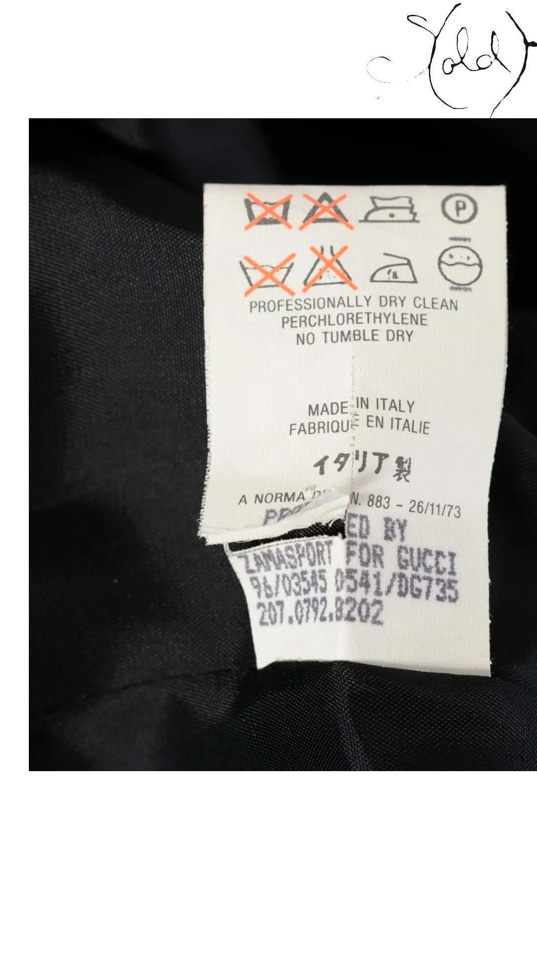 Sold Attire Gucci Tom Ford era black wool blazer care label detail, Made in Italy, 89% wool blend.