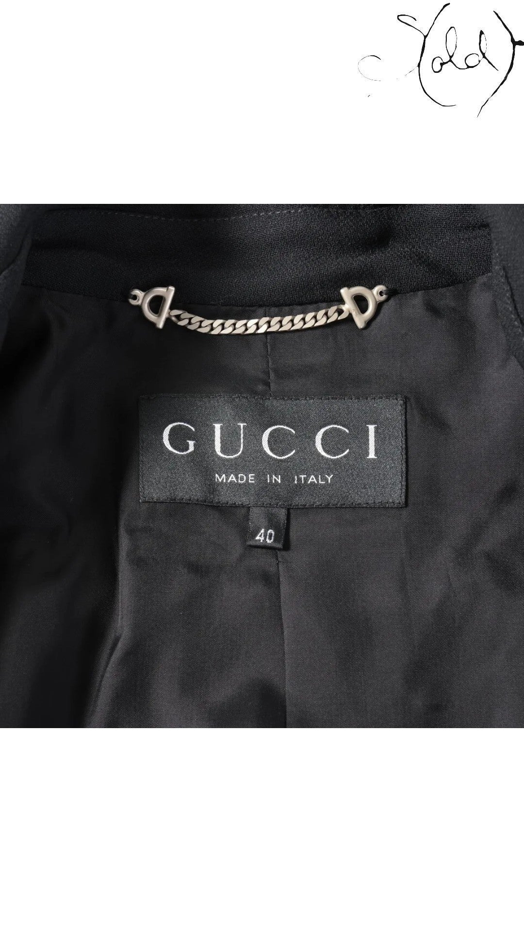Sold Attire Gucci Tom Ford era black wool blazer, size 40, with a silver chain detail on the interior.