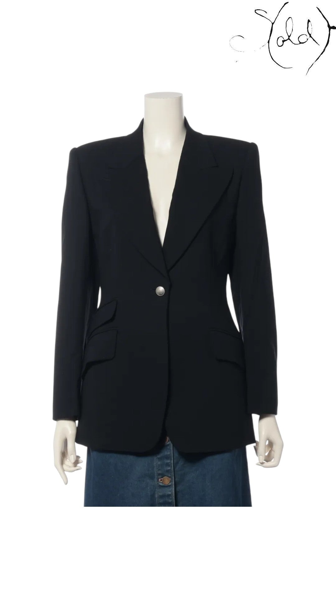 Sold Attire Gucci Tom Ford era black wool blend blazer with narrow lapels and a single button closure. Size 40.