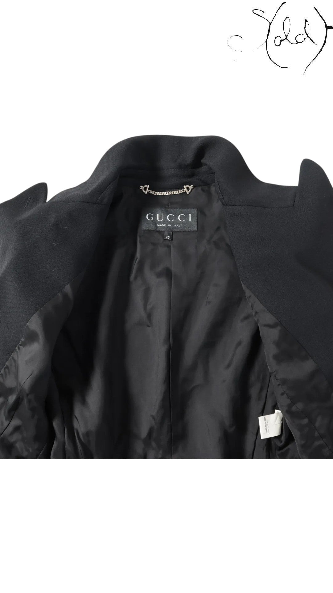 Sold Attire Gucci Tom Ford era black wool blazer, size 40, with a chain detail at the collar and a full lining.