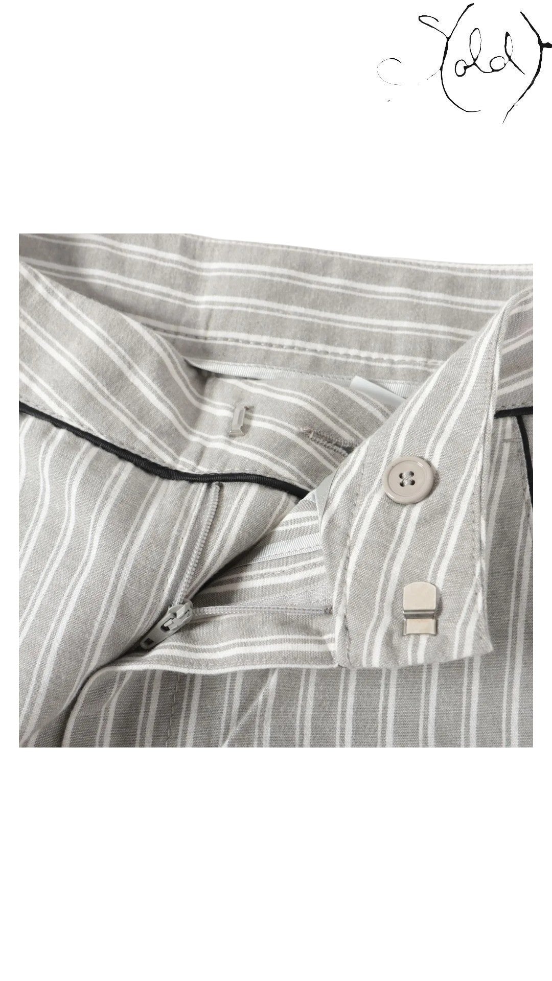 Sold Attire MM6 Maison Margiela gray and white striped wide-leg cotton pants with zip fly and button closure.