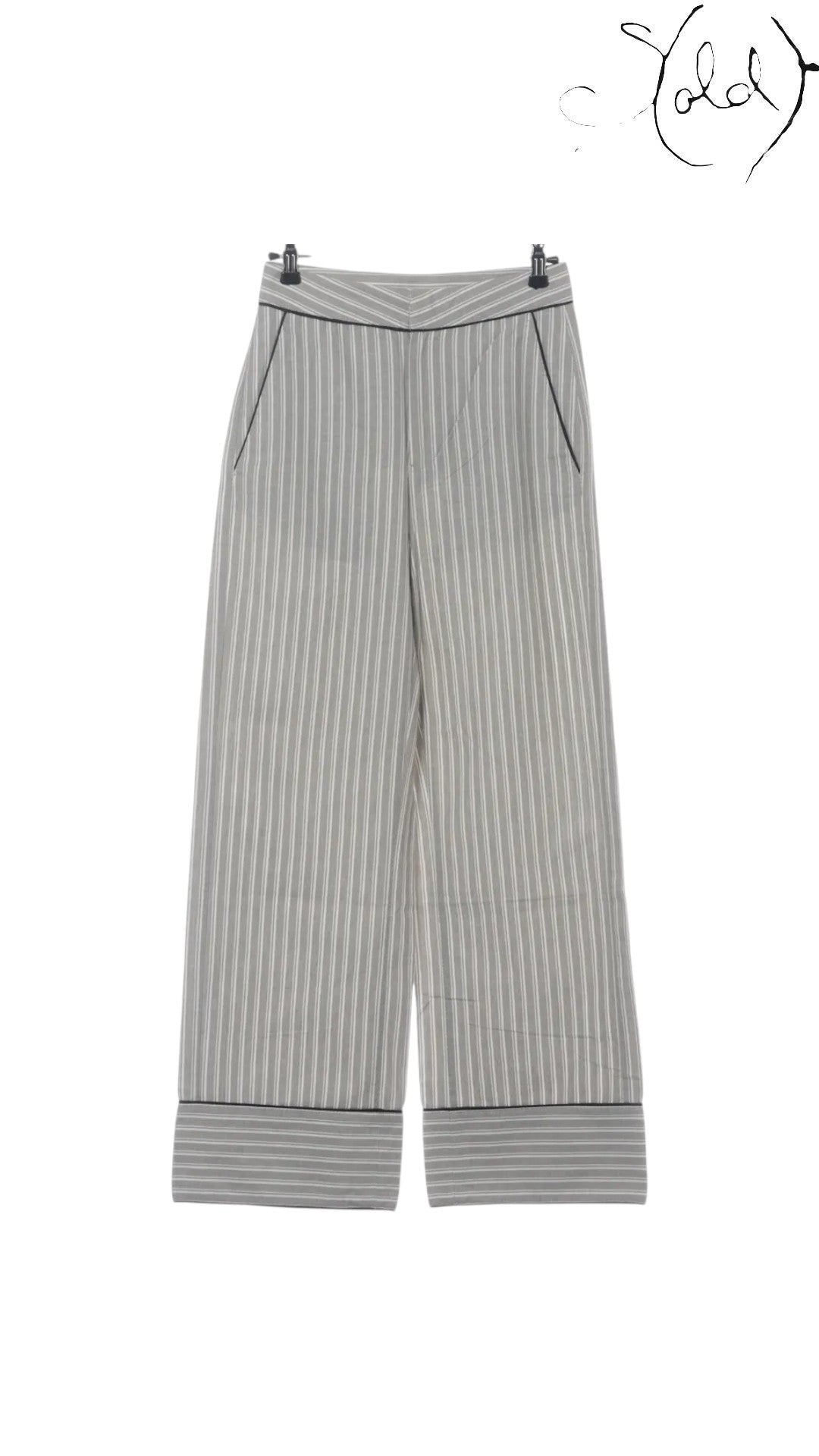 Sold Attire MM6 Maison Margiela gray and white striped wide-leg cotton pants with black piping.