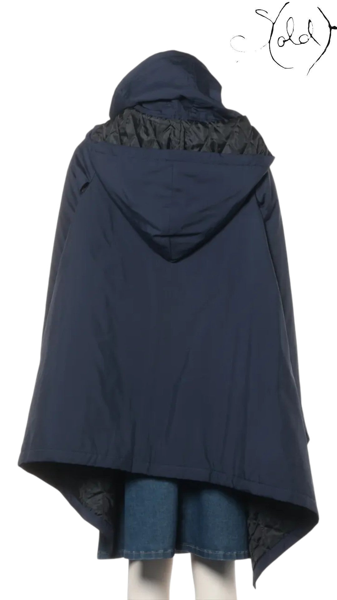 Sold Attire navy polyester padded cape coat with hood, AW16 collection. Features a quilted lining and architectural silhouette.