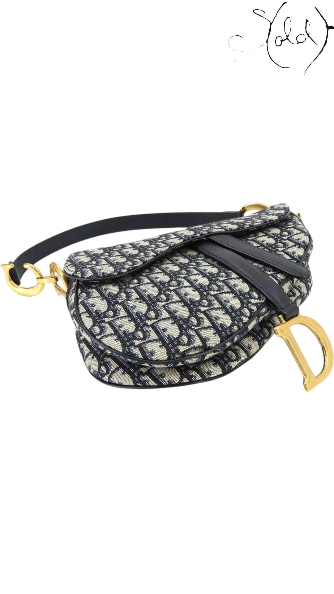 Christian Dior Oblique Saddle Bag – Medium Blue Jacquard, Strap detail | Sold Attire