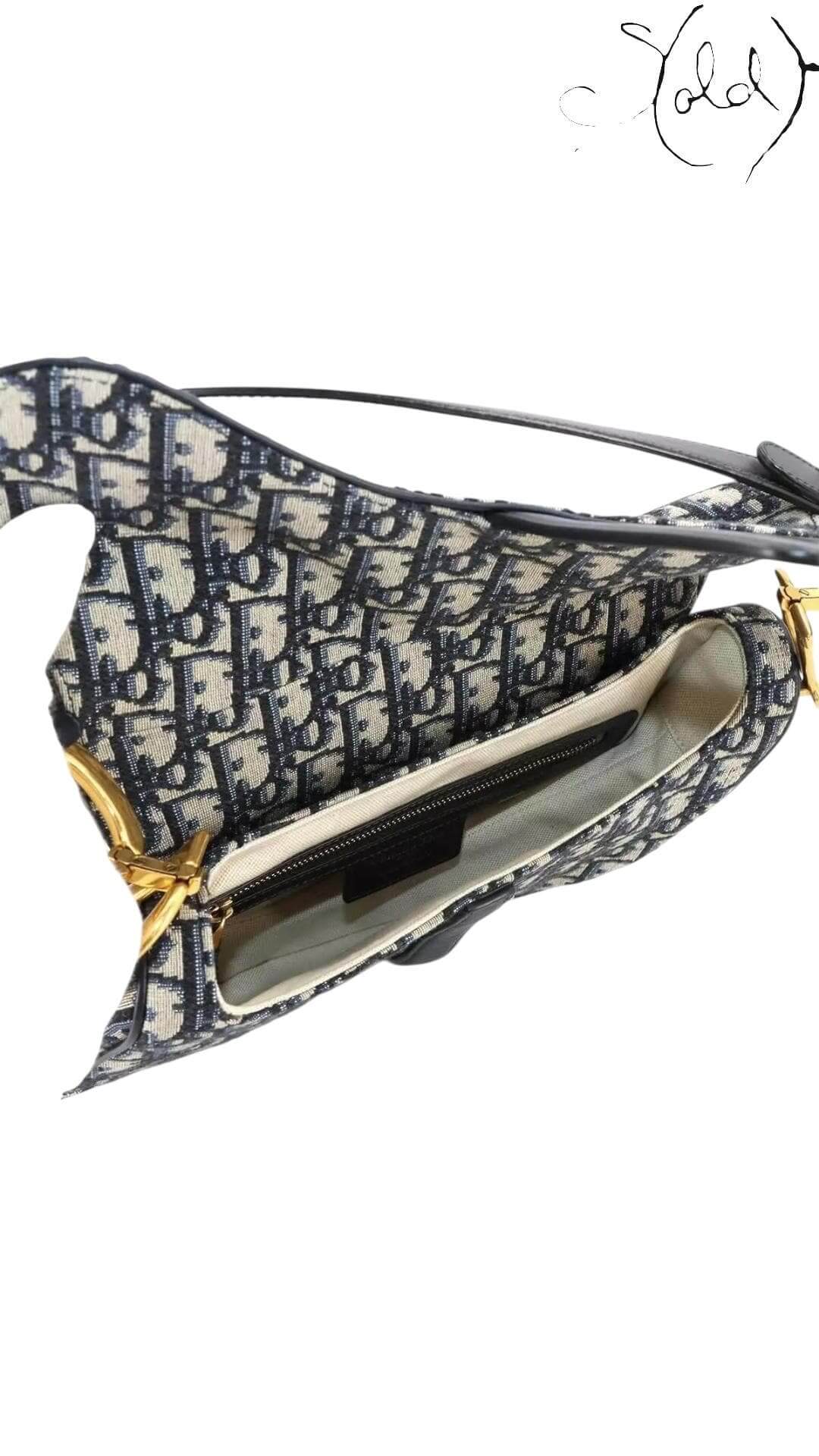 Christian Dior Oblique Saddle Bag – Medium Blue Jacquard, Interior view | Sold Attire