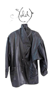Vintage Black Textured Leather Long Coat