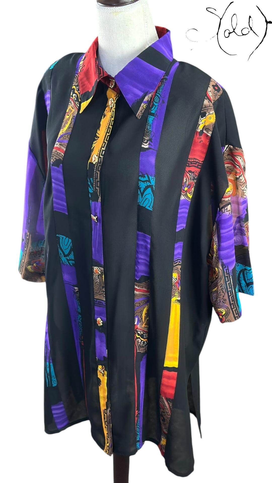 Vintage Graphic Silk Shirt – Festival Noir, Back view | Sold Attire