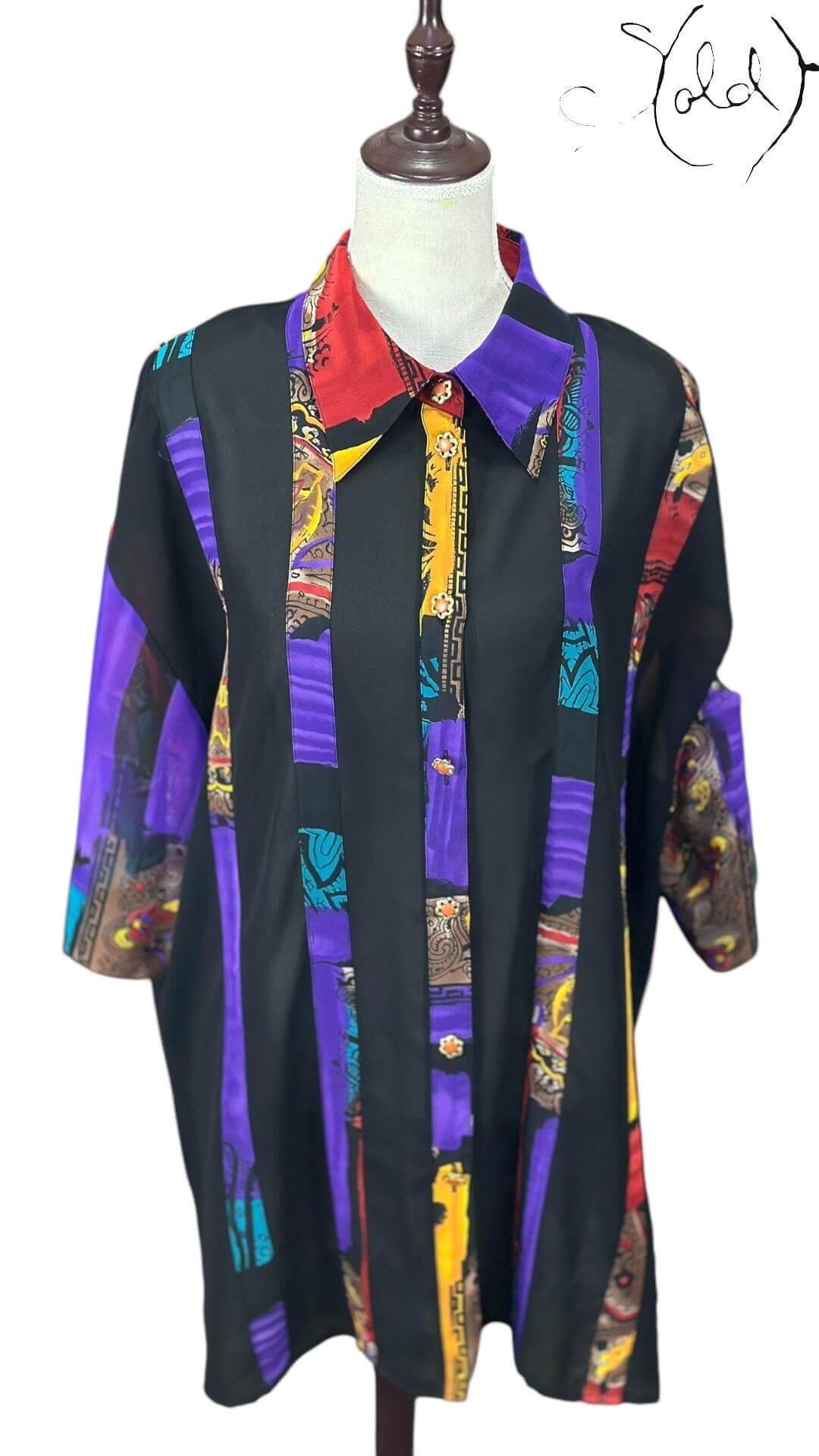 Vintage Graphic Silk Shirt – Festival Noir, Interior view | Sold Attire