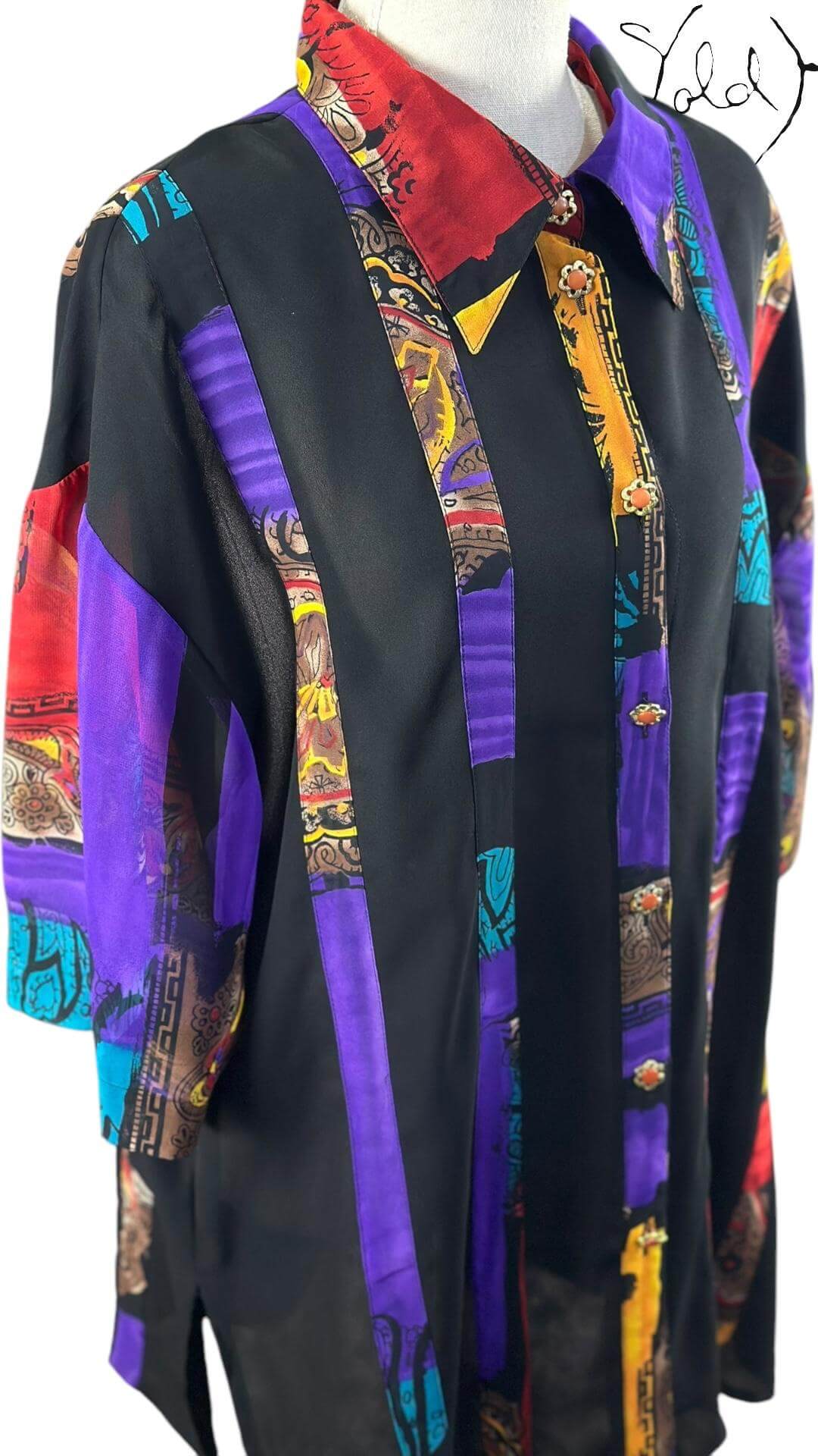 Vintage Graphic Silk Shirt – Festival Noir, Detail view | Sold Attire