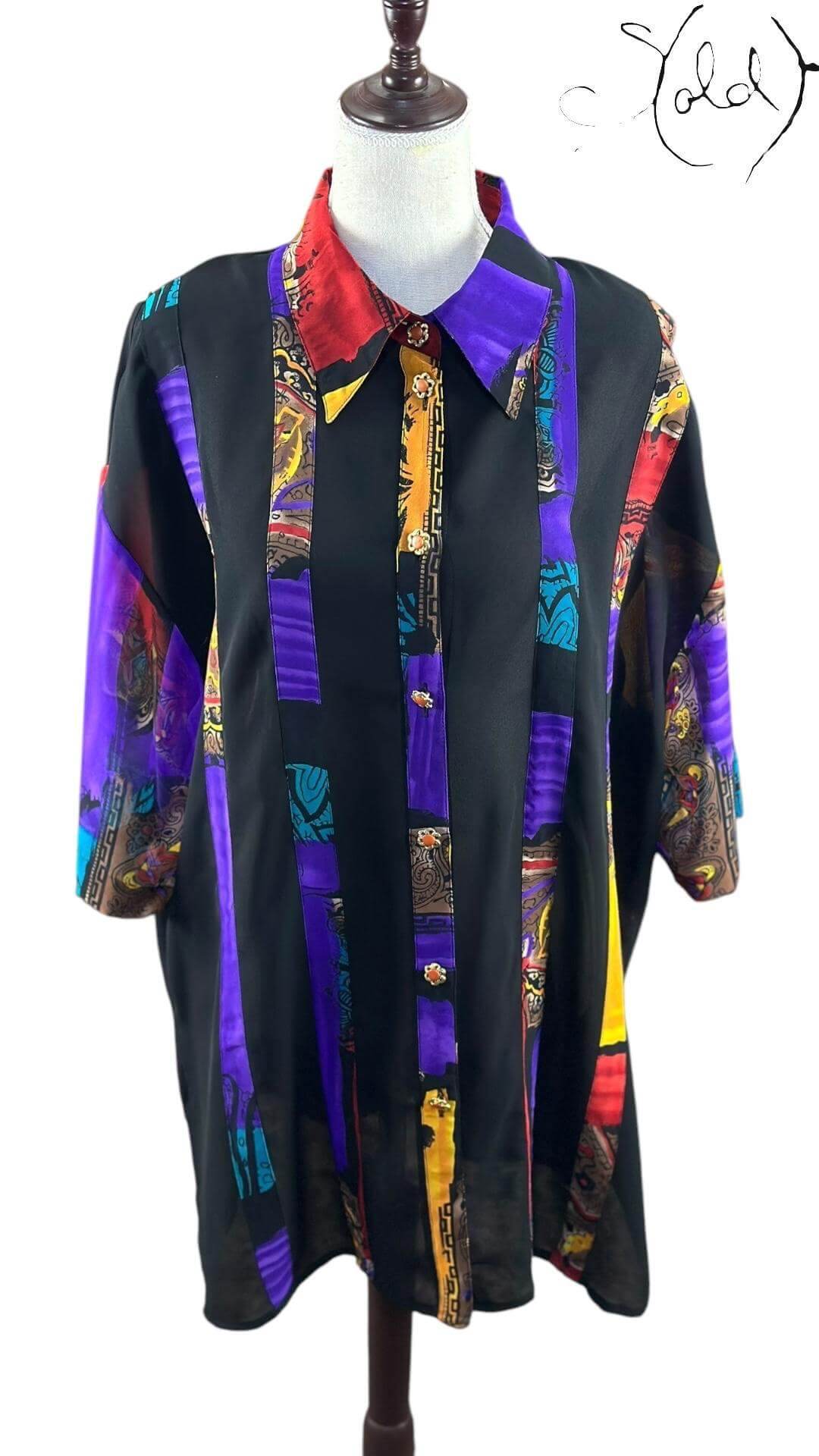 Vintage Graphic Silk Shirt – Festival Noir, Hardware detail | Sold Attire