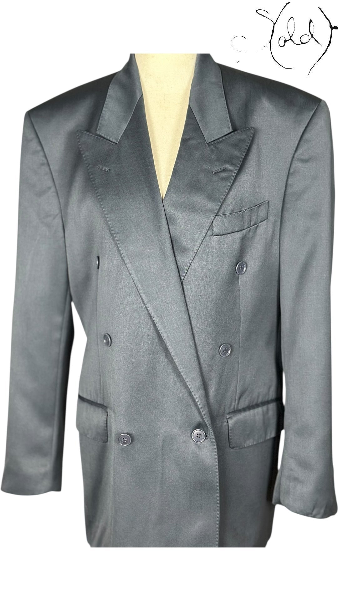 Yves Saint Laurent Double-Breasted Blazer Charcoal Grey Satin 1990s, Interior view | Sold Attire