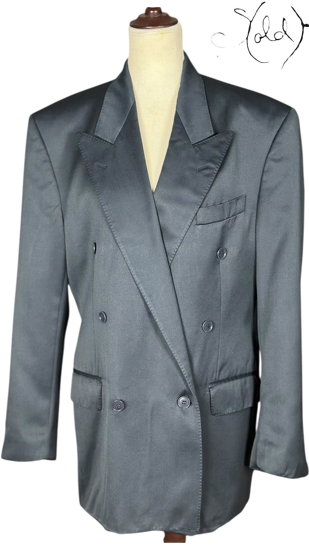 Yves Saint Laurent Double-Breasted Blazer Charcoal Grey Satin 1990s, Base view | Sold Attire